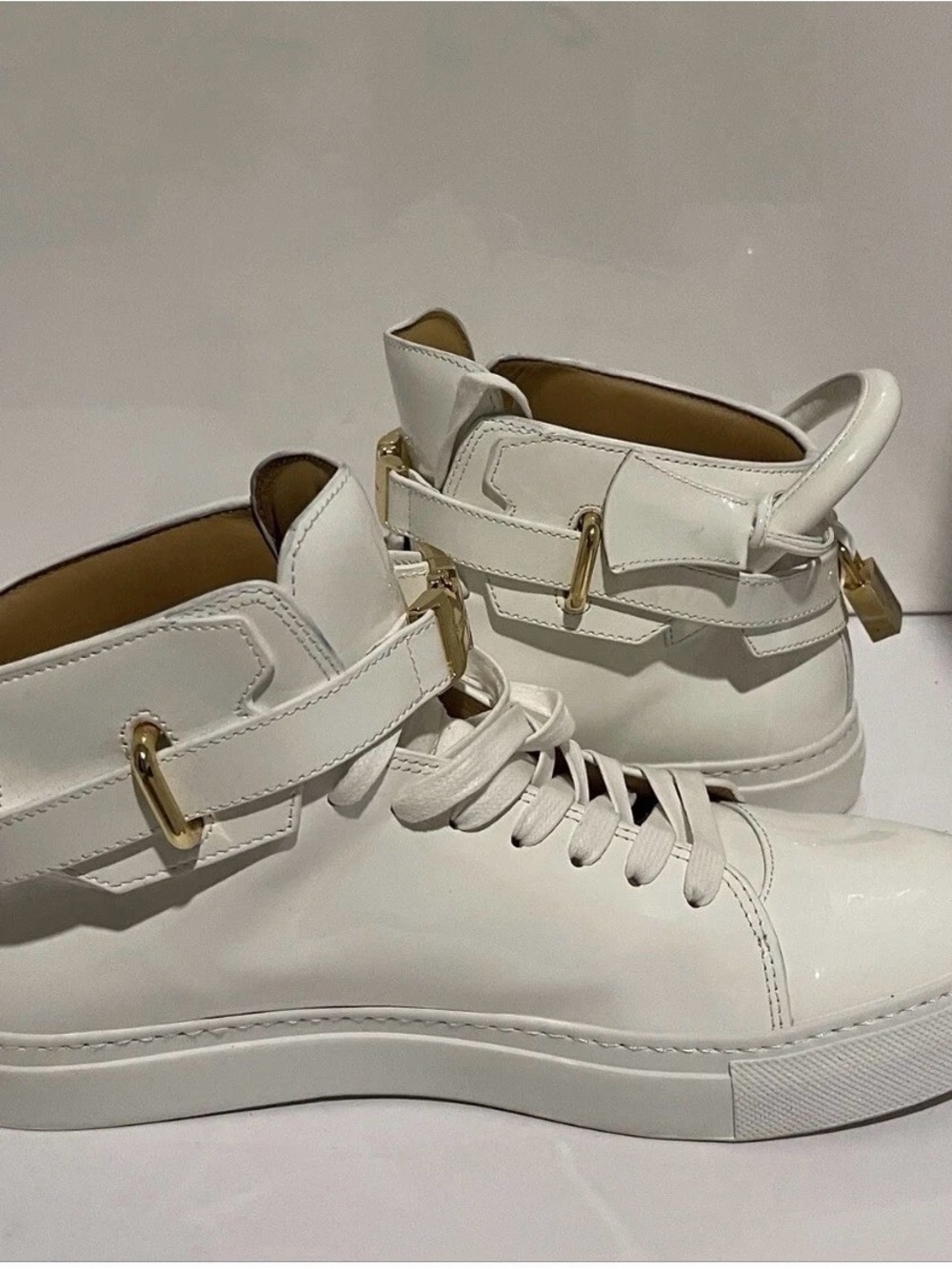 Size 12- Buscemi 100mm Golden-Padlock Sneakers, patent leather White , EU 45